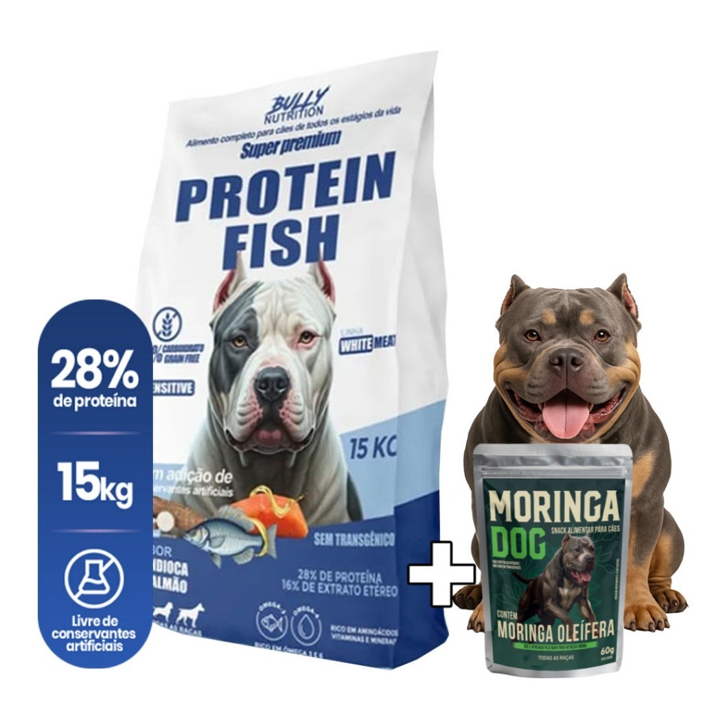 Ração Premium P Cães Pit Bull 15kg Fish Protein White Meat + Ganhe MoringaDog 60g | Mais Saude