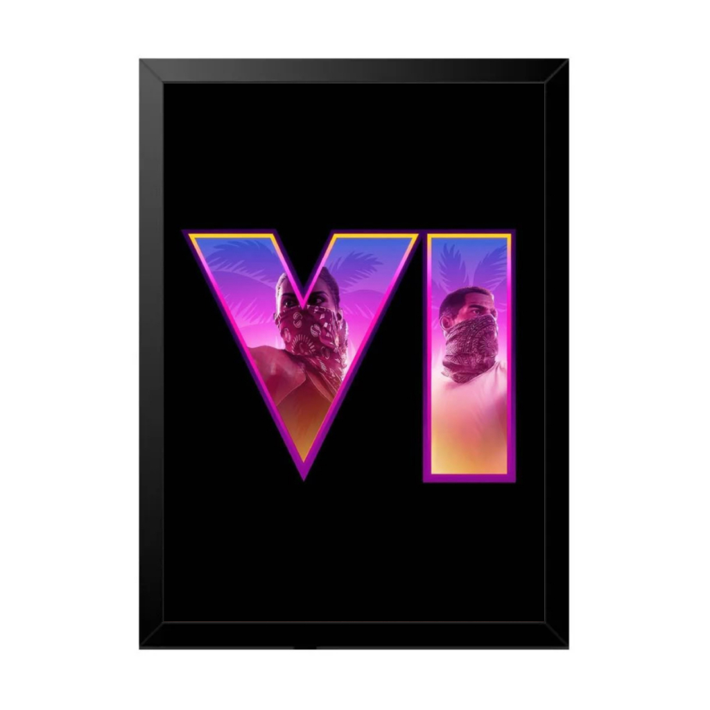Quadro Decorativo Sala Quarto Gta Vi 6 Jason Lucia Jogo Game Geek Rokcstar Vice City PS5 Xbox Logo