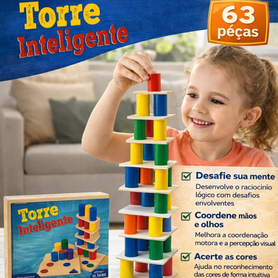 Torre inteligente gigante 63 peças Desafio Madeira para Coordenação e Lógica Infantil Empilhar