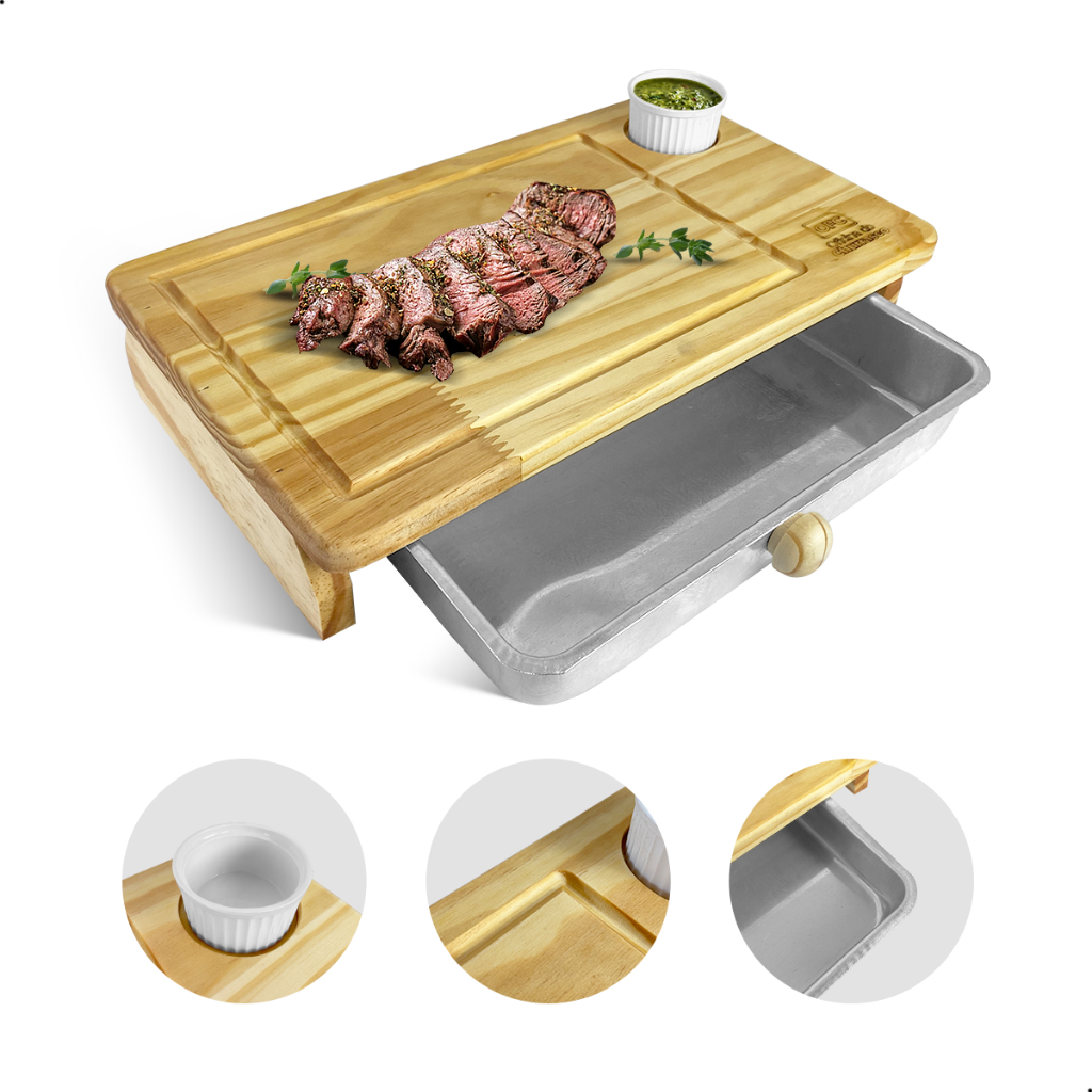 Tabua Inteligente Churrasco Madeira com Bandeja Aluminio e Ramequim