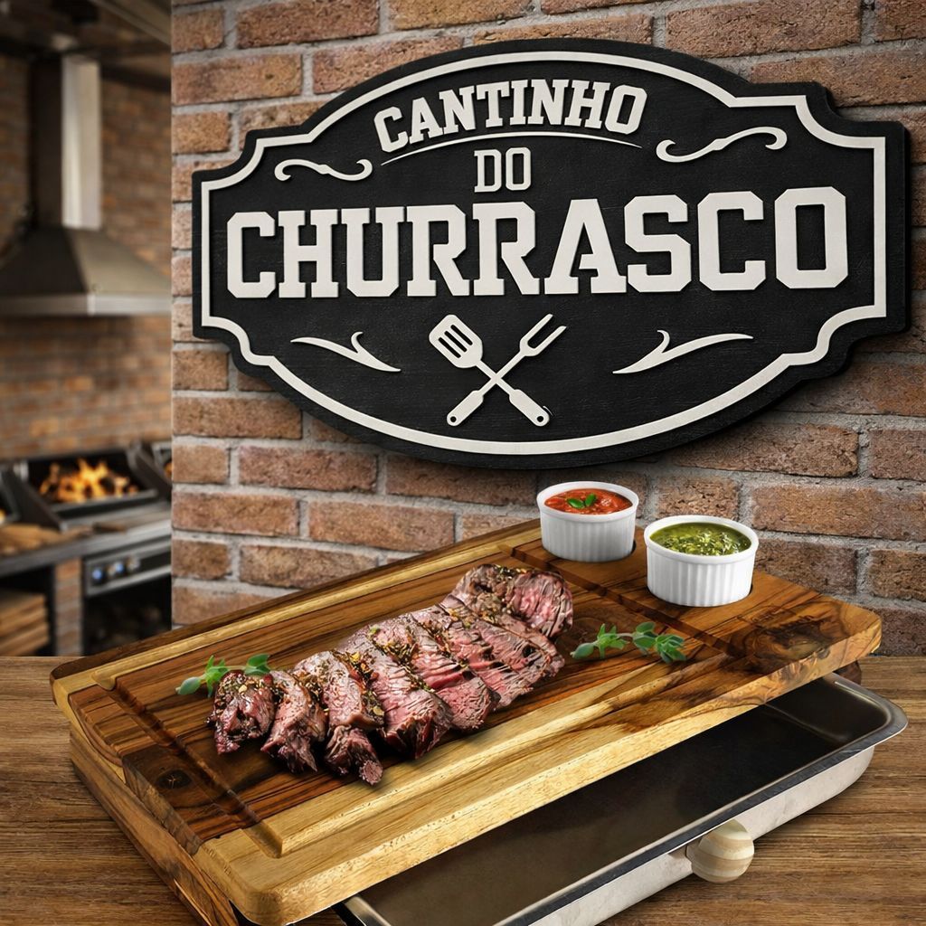 Kit Tabua Carne Inteligente em Madeira Teca + Placa Decorativa MDF Ideal Area Churrasco