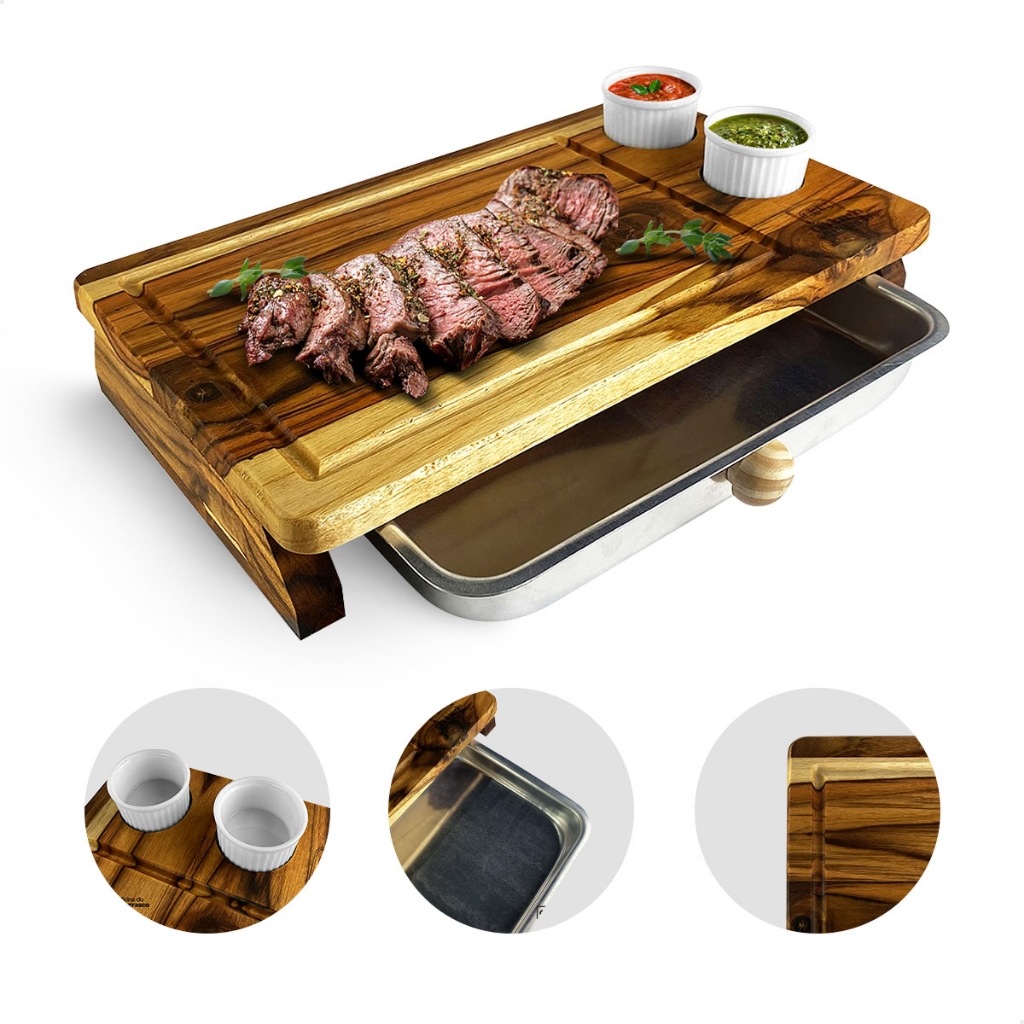 Tabua Churrasco Inteligente Madeira Teca Cortar e Servir Carne 39 x 23 cm