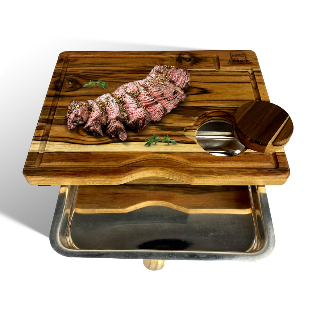 Tábua Churrasco Inteligente Madeira Teca com Bandeja 38 x 27 cm