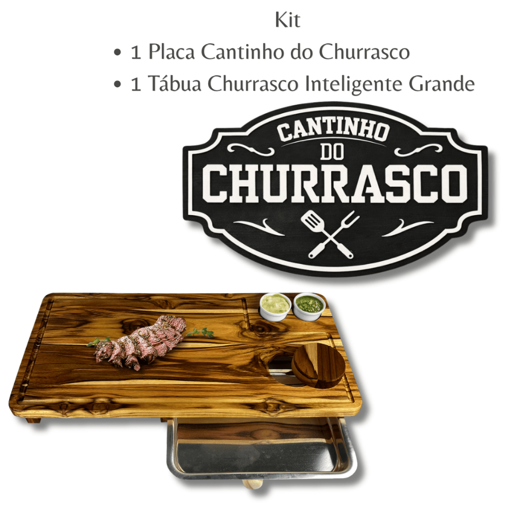 Kit Placa Decorativa Cantinho do Churrasco + 1 Tabua Carne Inteligente Madeira Teca