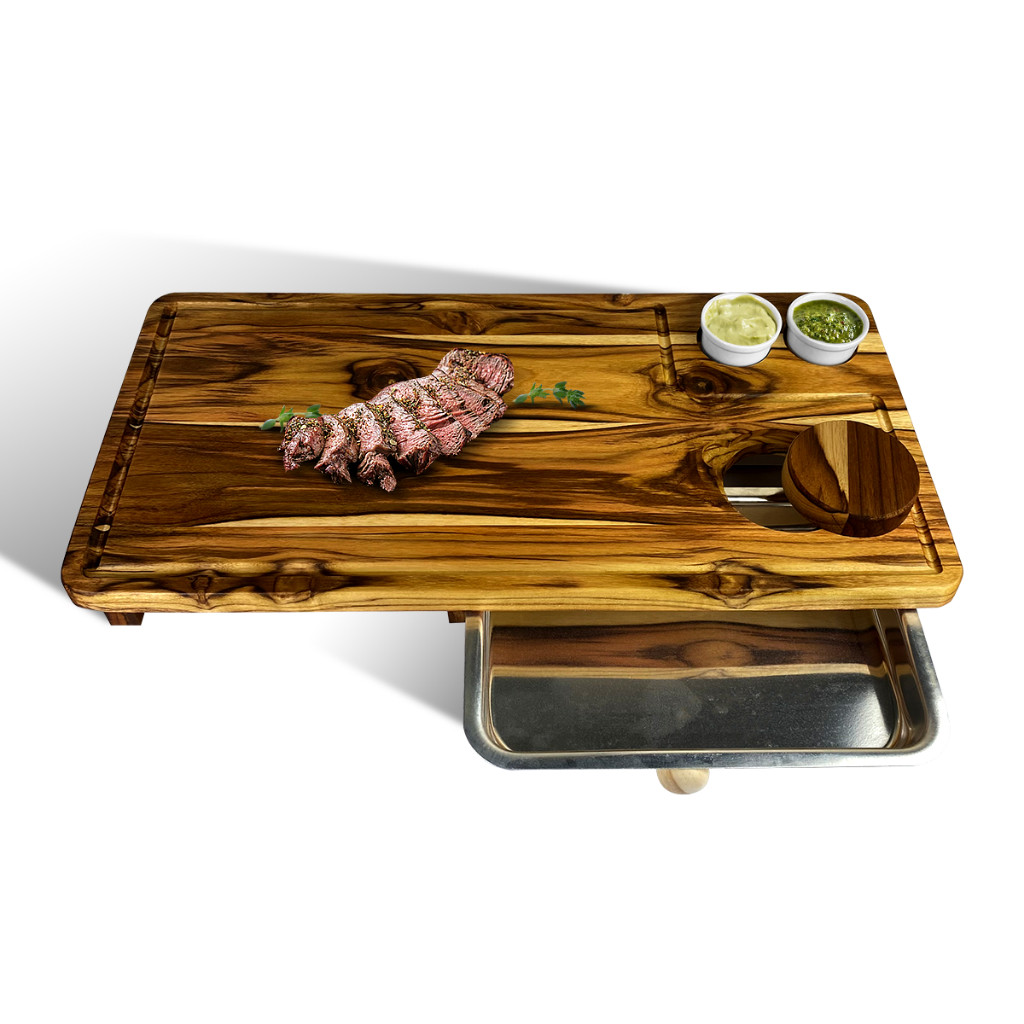 Tábua Churrasco Madeira Teca Inteligente Cortar Carne com Bandeja e 2 Ramequins
