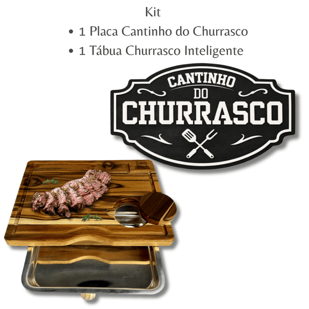 Kit Tabua Churrasco Inteligente Madeira + Placa Decorativa MDF Ideal Area Churrasco