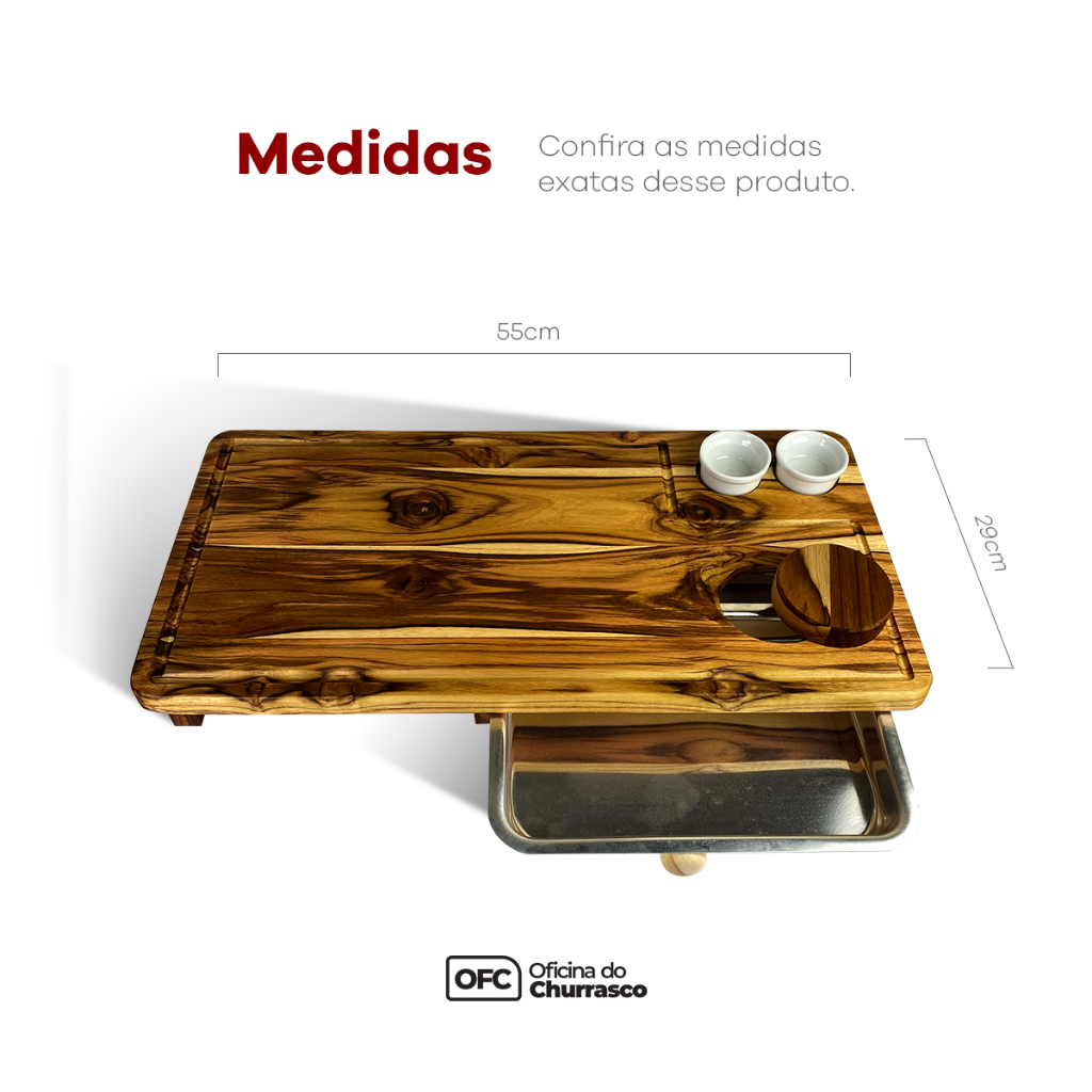 Tábua de Churrasco Inteligente em Madeira Teca com 2 Ramequins e Bandeja 55 x 28 cm