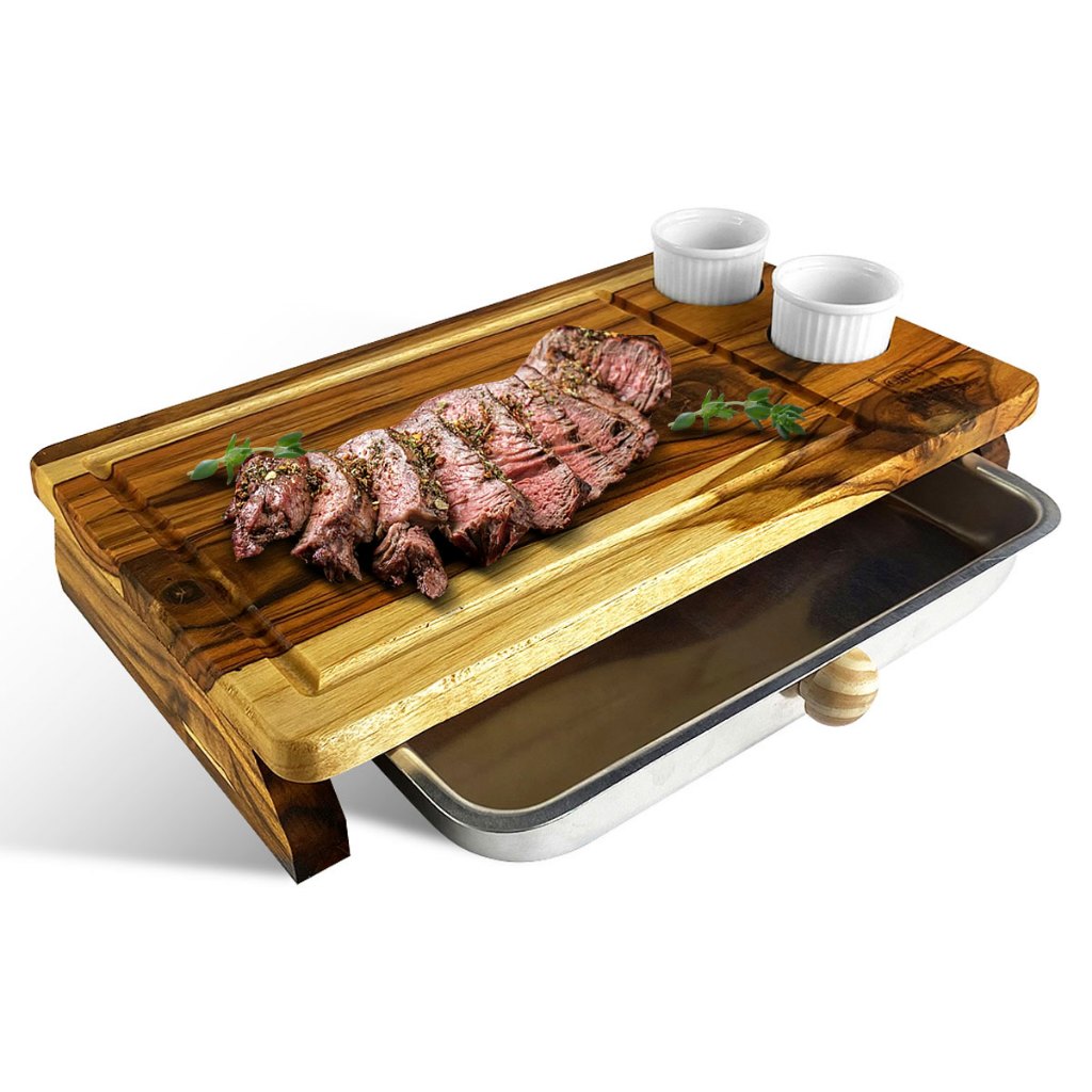 Tabua Churrasco em Madeira Teca Servir Carne com Bandeja Inteligente 2 Ramequins