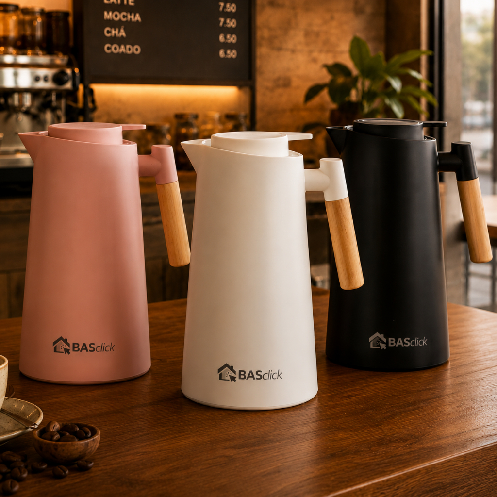 Garrafa De Café Chás Sucos Térmica Nórdica 1L Sistema Click Inteligente e Alça de Madeira Estilo Bambu