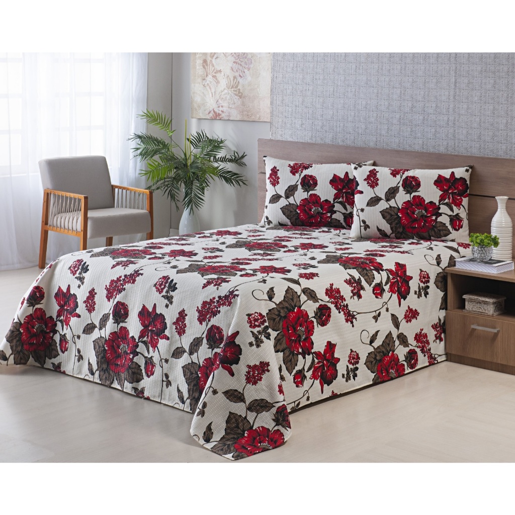 Kit Cobre Leito Queen Piquet Floral Premium 3 Peças Colcha Premium luxo Elegante