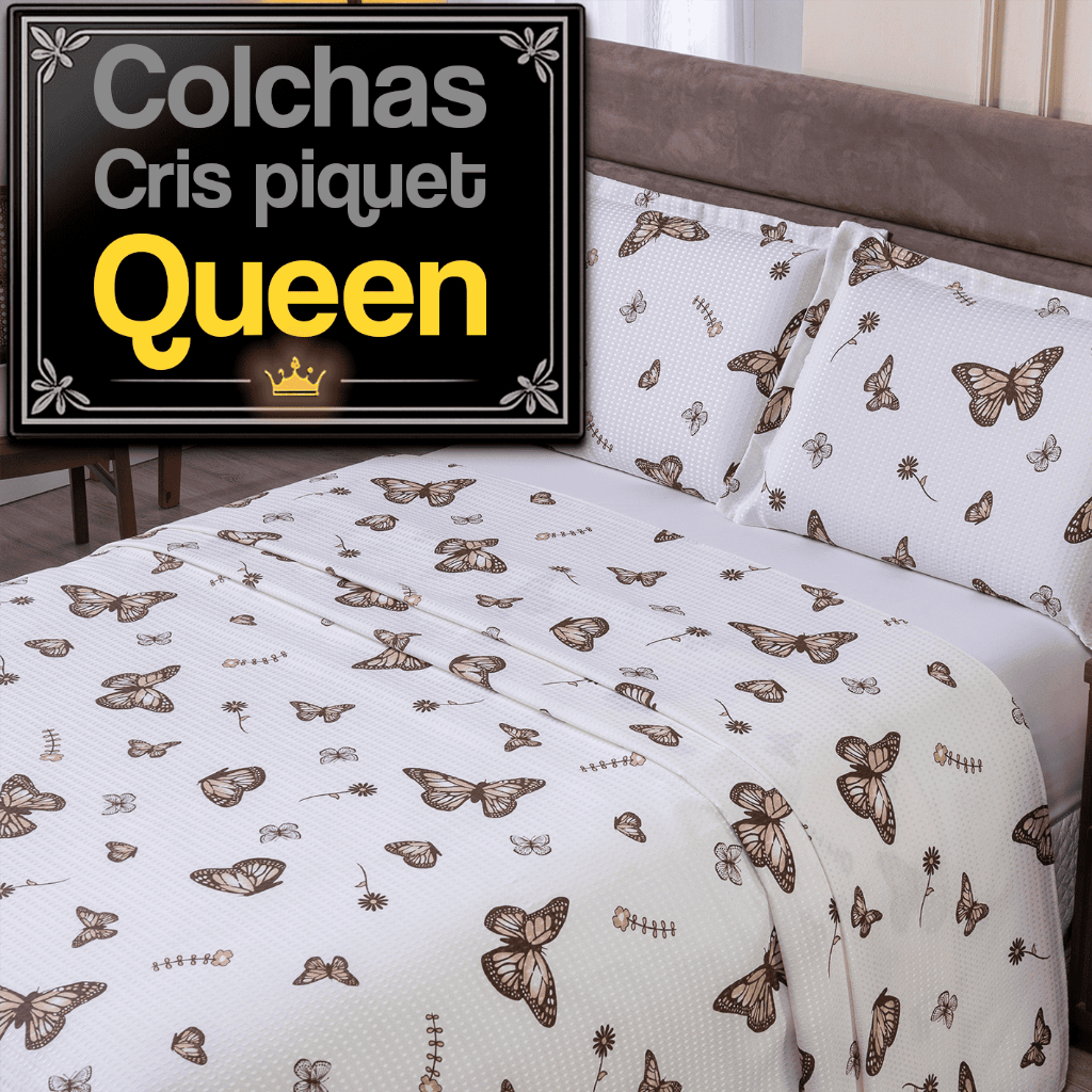 Kit Colcha Queen Piquet 3 Peças Floral Algodão 62% Textura Alto Relevo Fronha Estampada