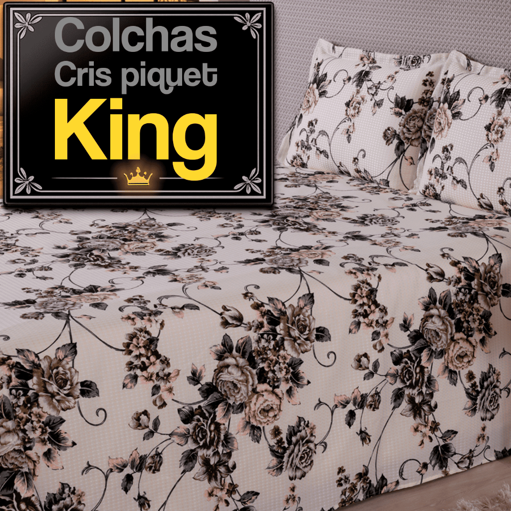 Colcha King Piquet 3 Peças Floral Kit Fronha Estampada 62% Algodão Textura Marcante Leve
