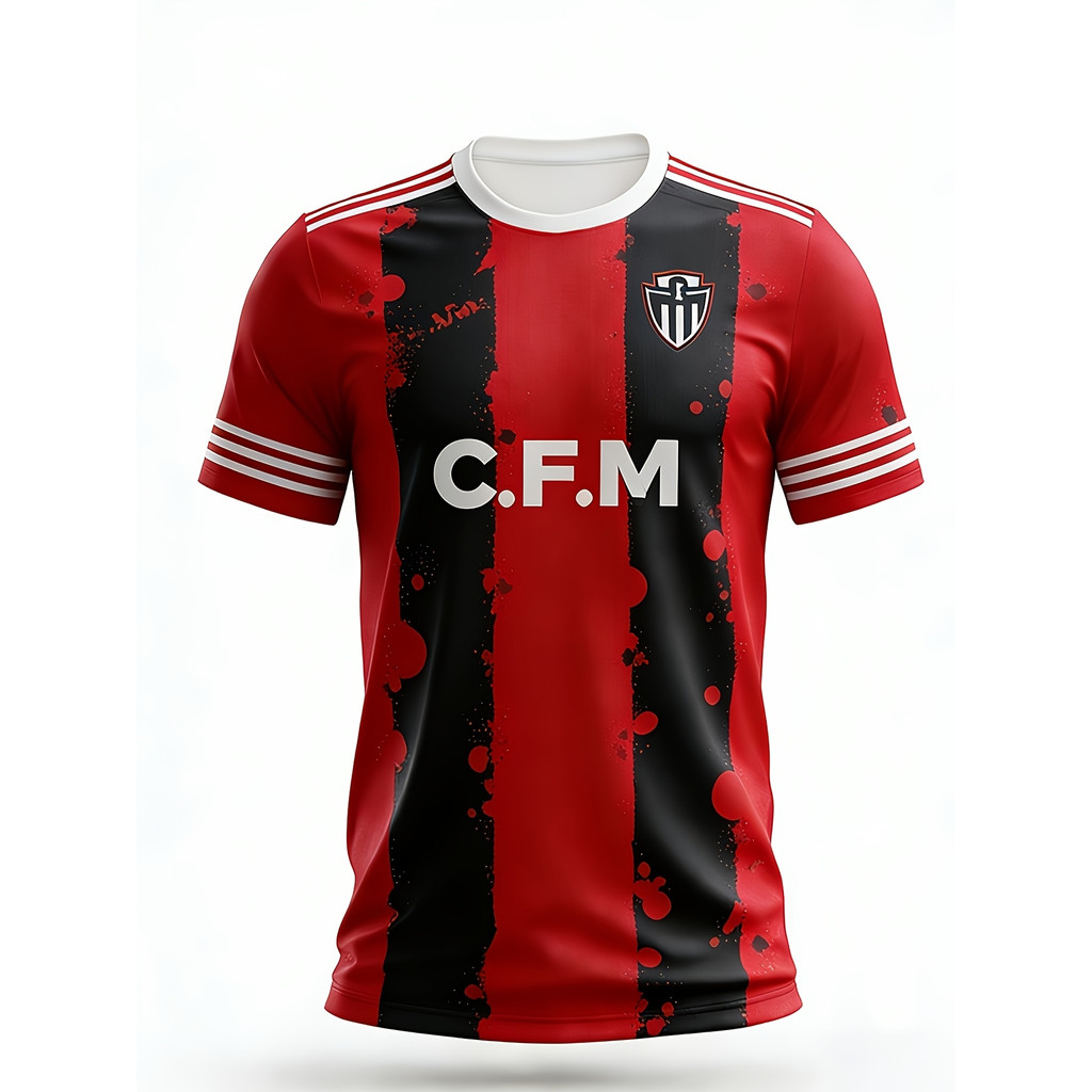 Camisa masculina de futebol de manga curta com listras azuis e brancas com logotipo CFM e logotipo da equipe adequada pa