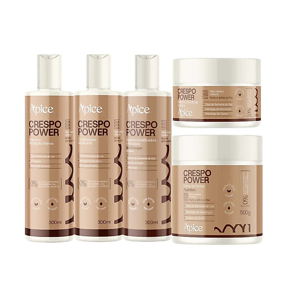 Kit Apice Crespo Power 300ml: Shampoo Condicionador Gelatina Ativadora Máscara Creme de Pentear