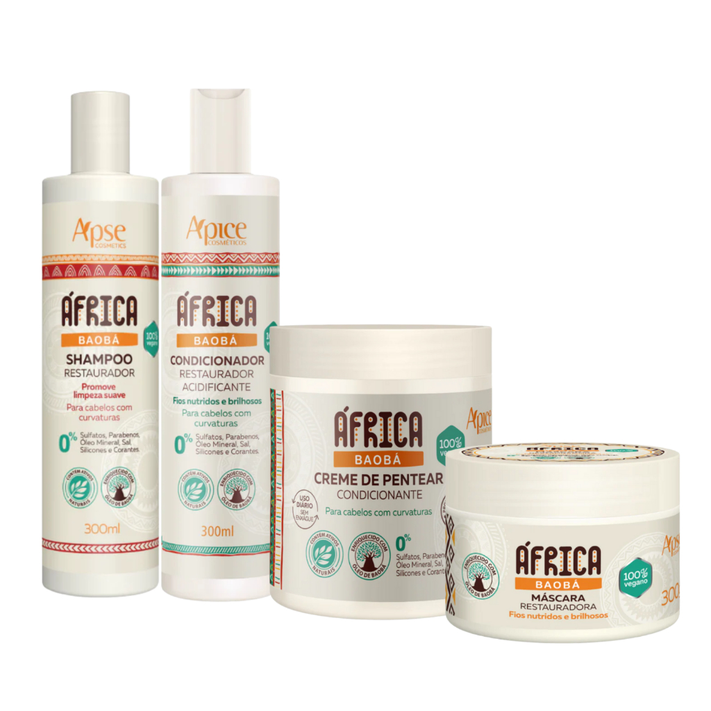 Kit Apice Shampoo Condicionador Máscara Creme de Pentear África Baobá Restaurador 300ml