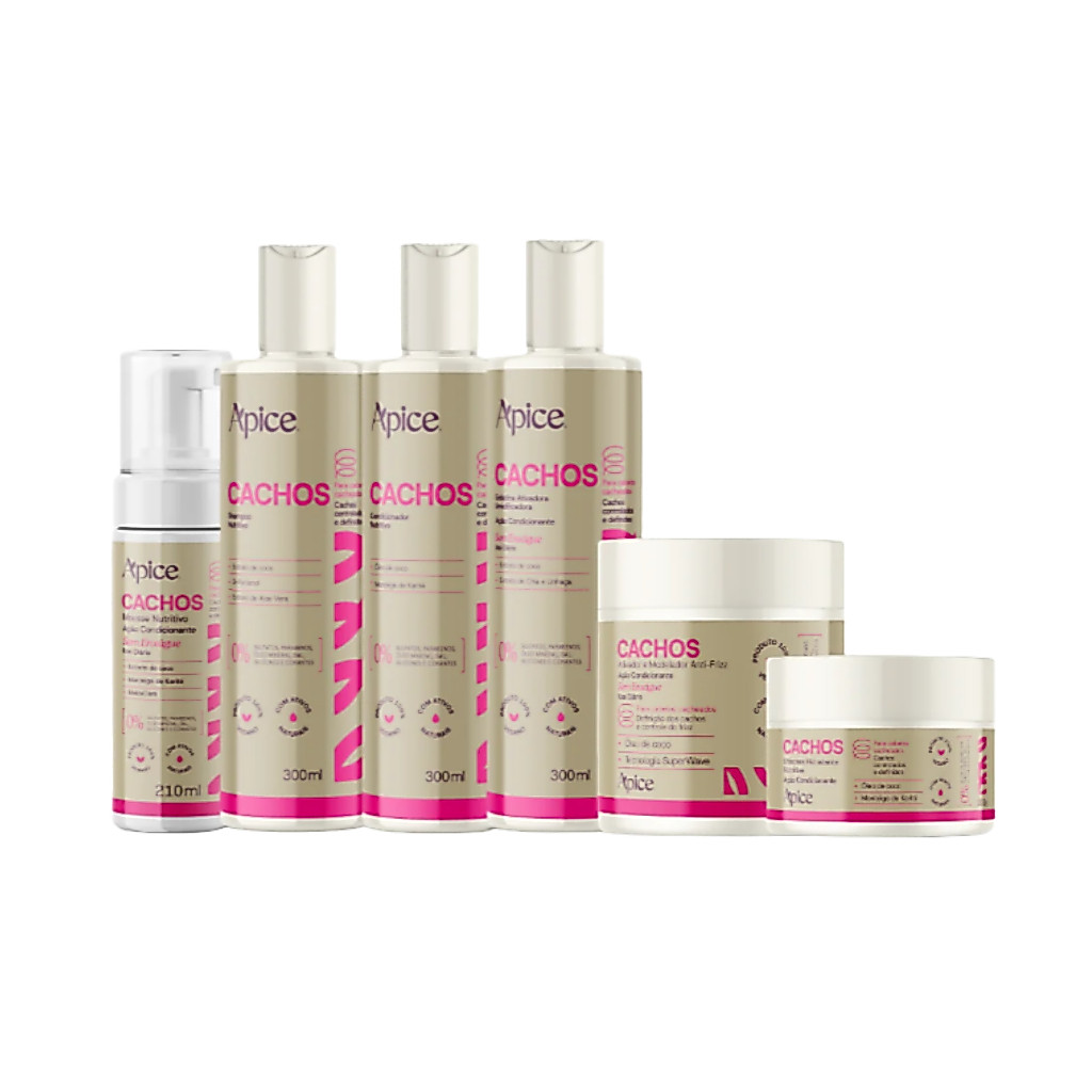 Kit Apice Cachos 300ml: Shampoo Condicionador Gelatina Máscara e Mousse Ativador