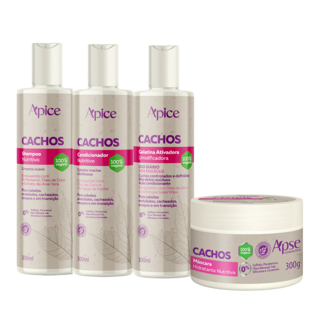 Kit Apice Shampoo Condicionador Gelatina Ativadora de Cachos Máscara Cachos Nutrição 300ml