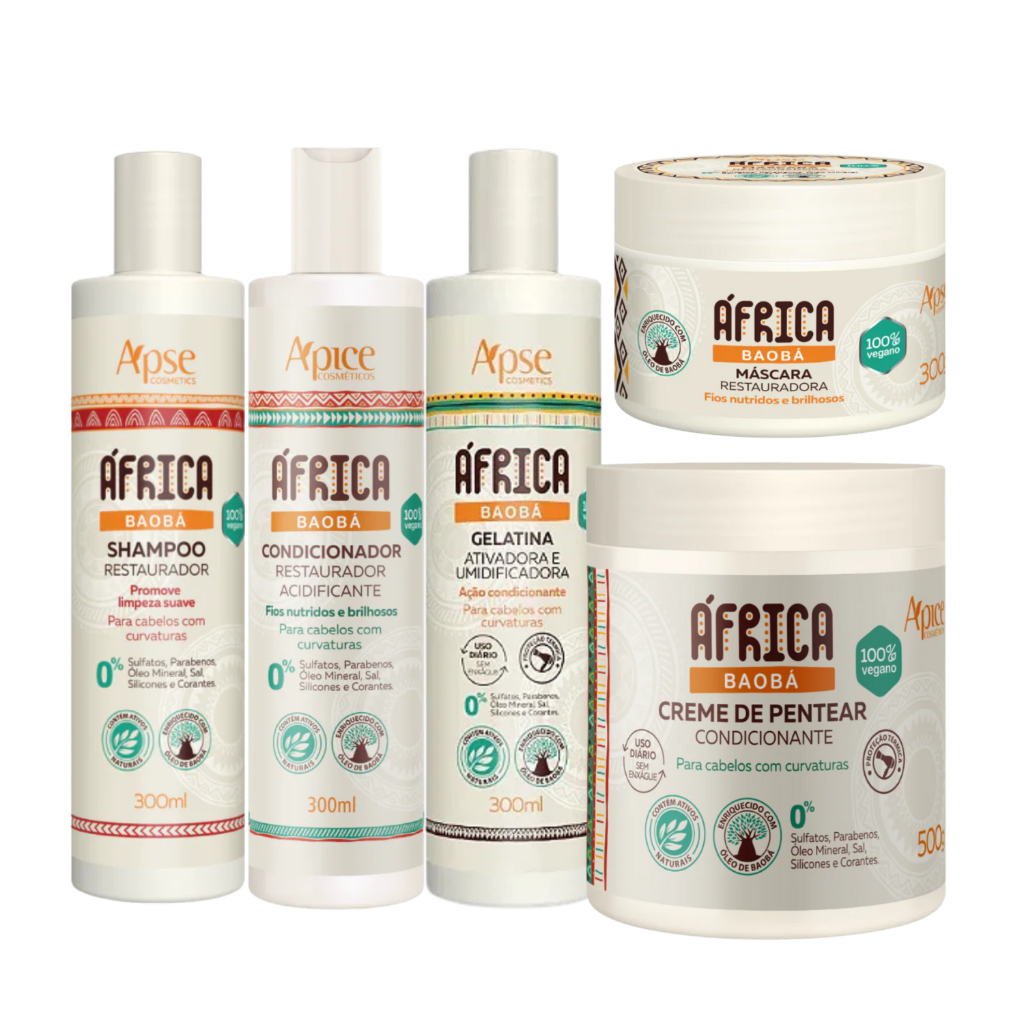 Kit Apice 500g: Shampoo Condicionador Gelatina Creme de Pentear e Máscara África Baobá