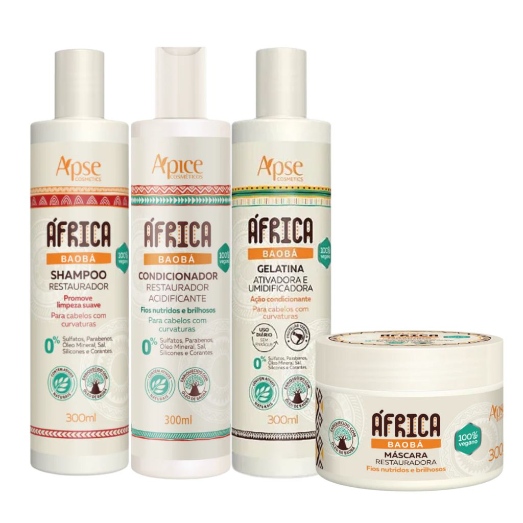 Kit Apice Shampoo Condicionador Gelatina Ativadora Máscara África Baobá Restaurador 300ml