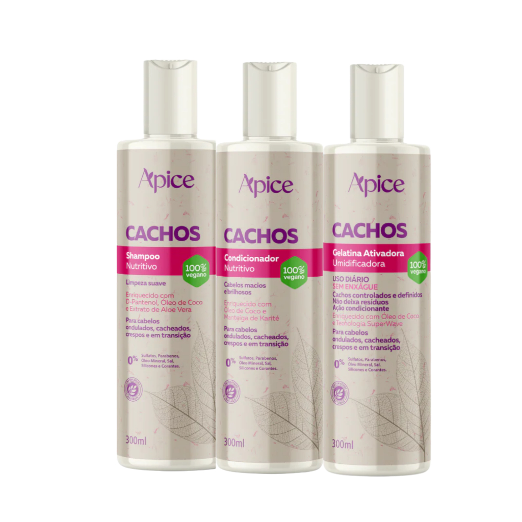 Kit Apice Shampoo Condicionador Gelatina Ativadora de Cachos Cachos Nutrição 300ml