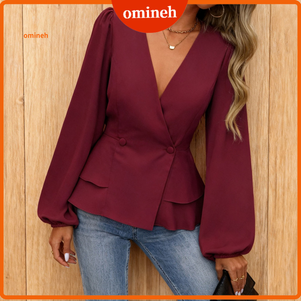 Women V-neck Tops Retro Style Topd Women’s V Neck Long Sleeve Slim Fit Blouse Waist-tight Ruffle Trim Hem Solid Color