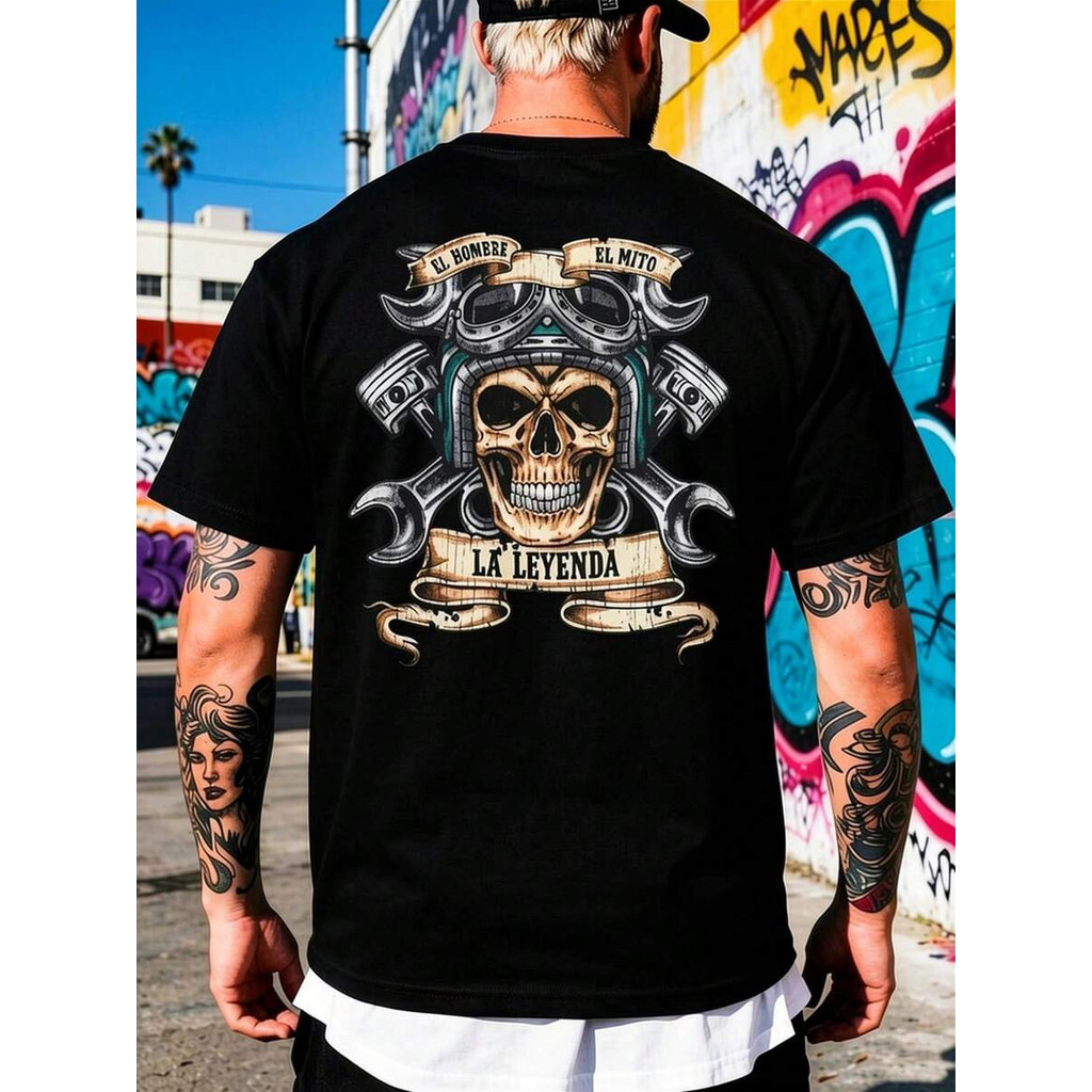 [Camiseta Premium em Algodão Puro]CA Camiseta Design com Cabeça de Esqueleto Estilizada, Textos 