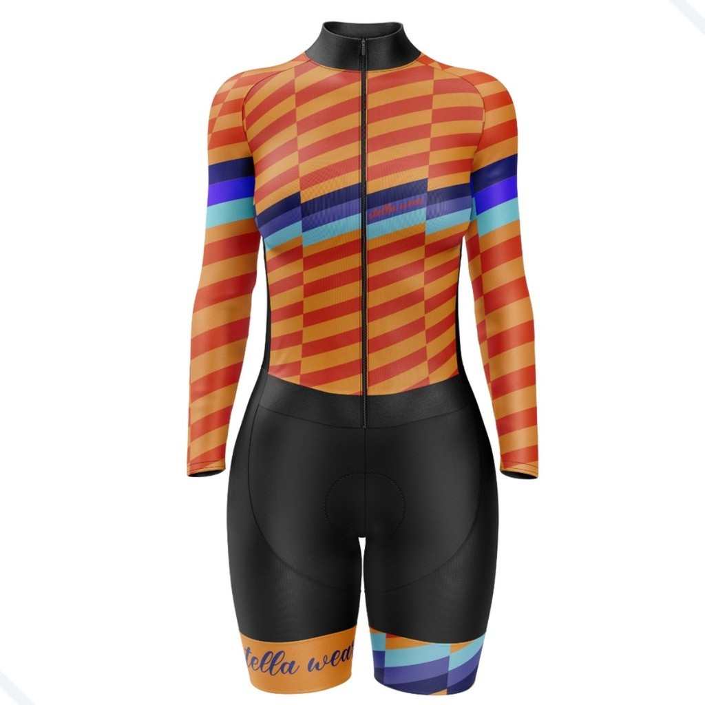 Macaquinho Ciclismo Feminino Profissional Gel Acolchoado UV Proteção MTB Speed Stella Wear Zig Zag Laranja