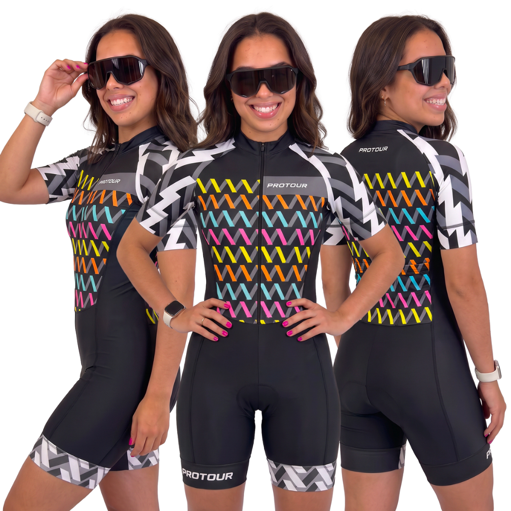 MACAQUINHO CICLISMO STELLA WEAR ZIG ZAG PRETO COM BOLSOS UV+