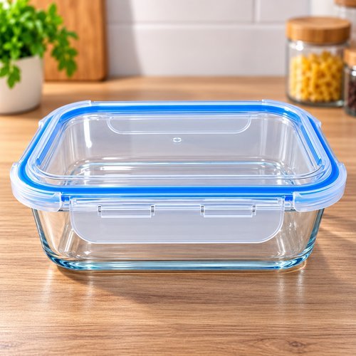 Pote hermético retangular vidro 1040ml OLINDA transparente tampa travas laterais borracha azul