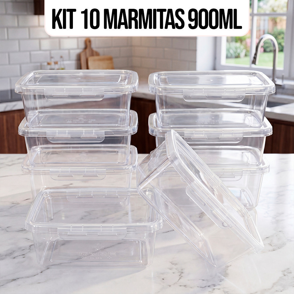 Kit 10 Marmitas Potes 900ml Travas Laterais hermeticas Livres de BPA Alimentos organiza congelador - KAZIVA