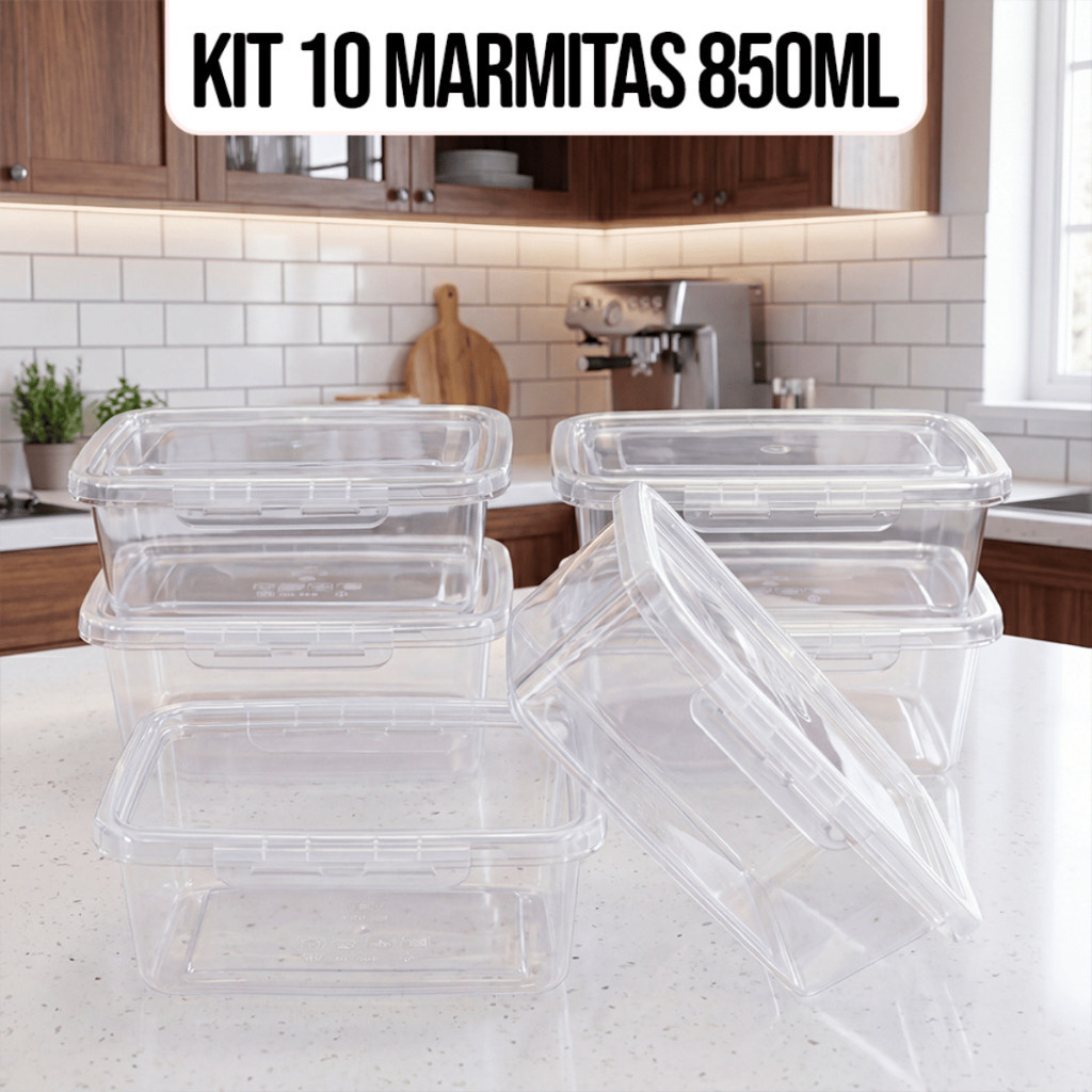 Kit 10 Marmitas Potes 850ml Travas Laterais hermeticas Livres de BPA Alimentos organiza congelador - KAZIVA