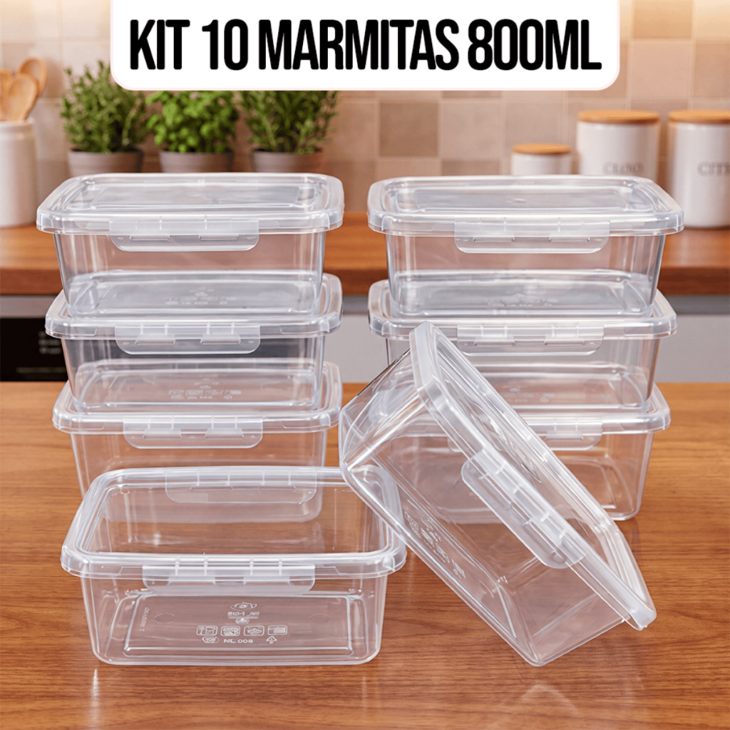 Kit 10 Marmitas Potes 900ml Travas Laterais hermeticas - Livres de BPA Alimentos organiza congelador - KAZIVA