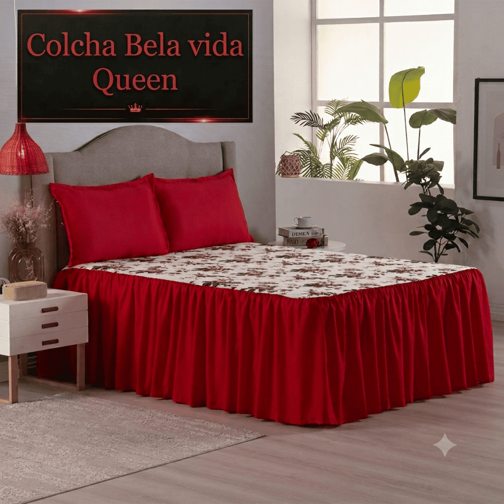 Colcha Queen 3 Peças Babado Jacquard Floral Porta Travesseiro Enxoval Sofisticado Caimento Perfeito