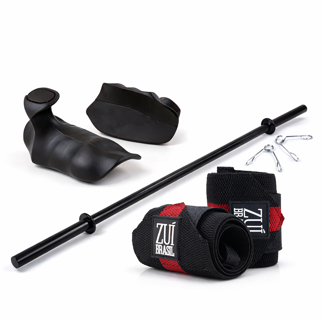 Kit Musculação Profissional – Barra Reta 120cm com Presilhas + Luva Grip + Munhequeira