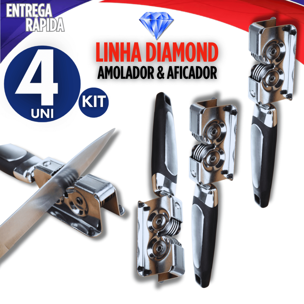 Conjunto 4 Amolador e  Afiador De Facas Em Aço Inox Profissional