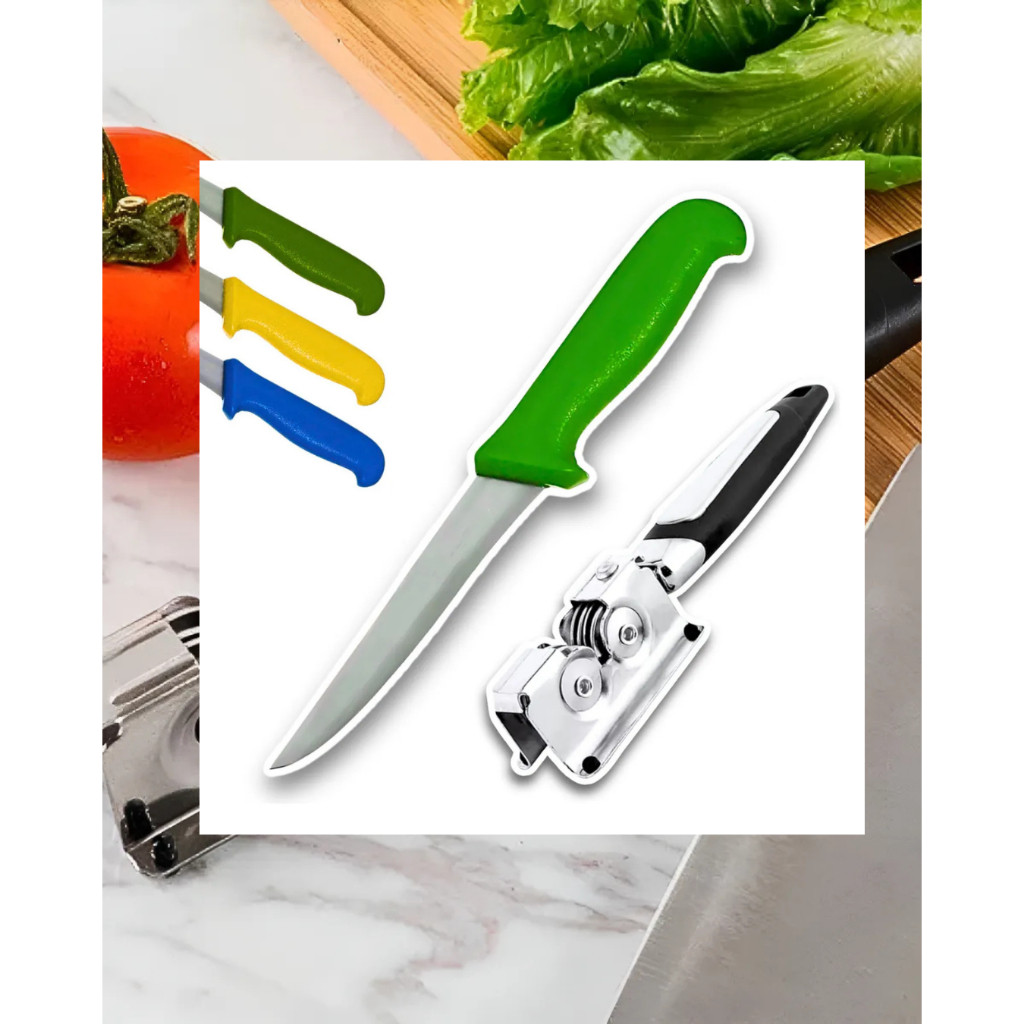 JOGO FACA DESOSSAR VERDE AÇO INOXIDAVEL + AFIADOR AMOLADOR DE FACAS INOX PROFISSIONAL