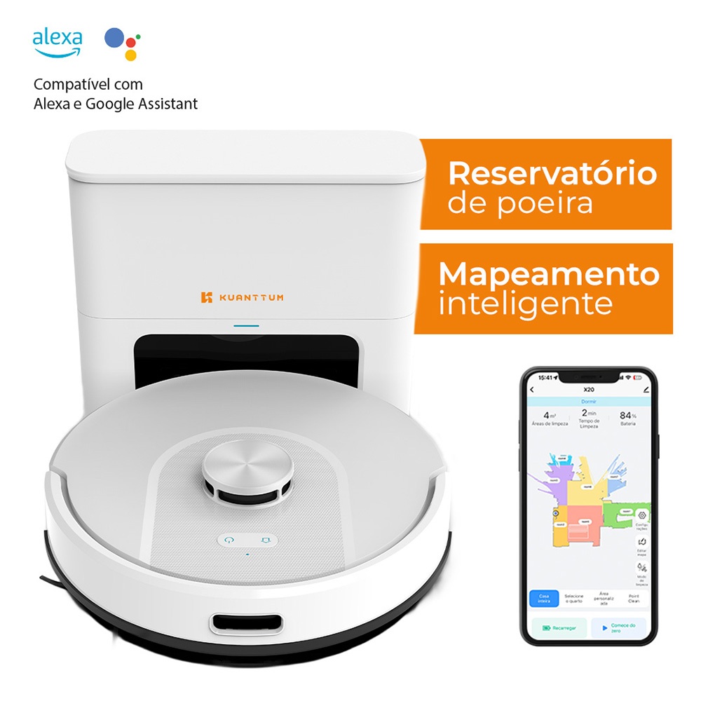 Robô Aspirador Pó Inteligente App Tuya Smart Life Wi-Fi Passa Pano Laser LDS Kuanttum X10 Branco 110V