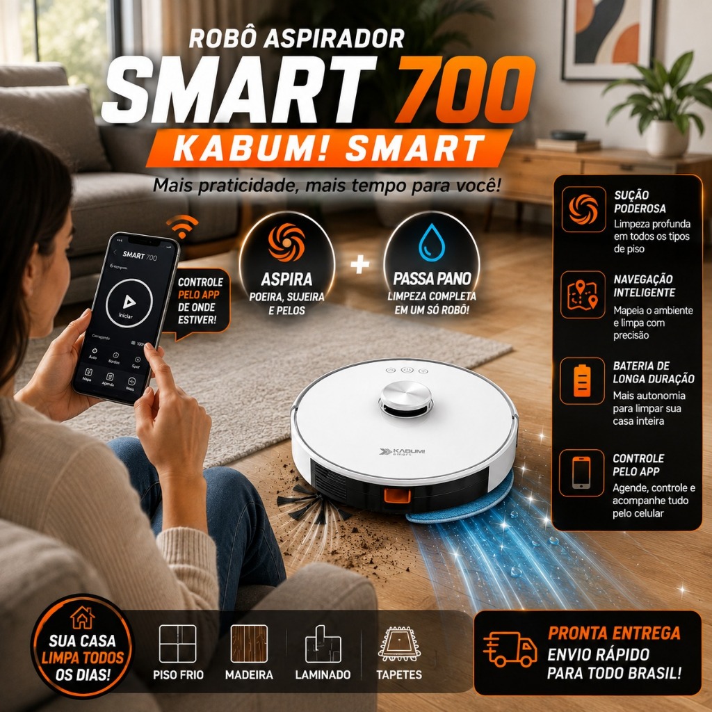 Robô Aspirador e Passa Pano KABUM! smart 700 - 5 Modos de Limpeza, Mapeamento a Laser 3D, Base de Carregamento - Bivolt
