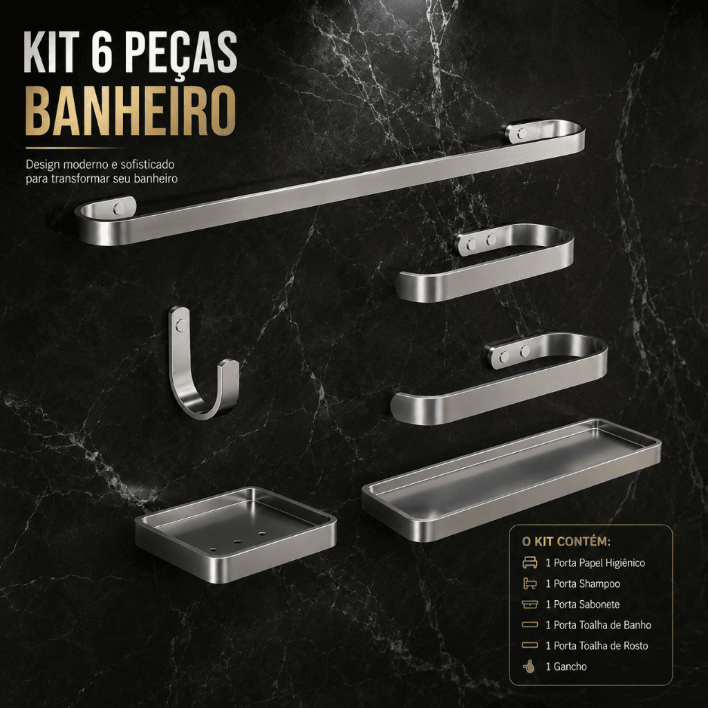 Kit de acessórios para Banheiro 6 peças com Porta Toalha Cromado Anti Ferrugem Alumínio