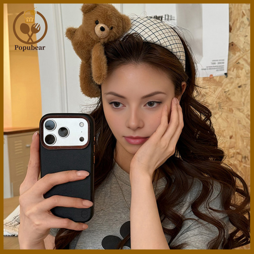 Matching Headband Set Skin-friendly Hair Hoop Plaid Fabric Non-slip with 3d Plush Bear Doll Cute Sweet Style Accessories