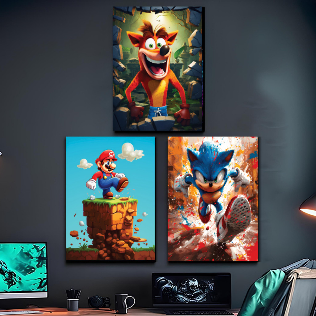 Kit 3 Placas Decorativas Gamer 34 Opções, Quadros Sonic Mario Crash, Nintendo, Decoração Setup