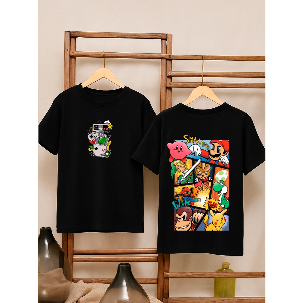 Camiseta Masculina Slim Estampada Frente e Costas 100% Algodão Nintendo Jogo Game Mario Personagens