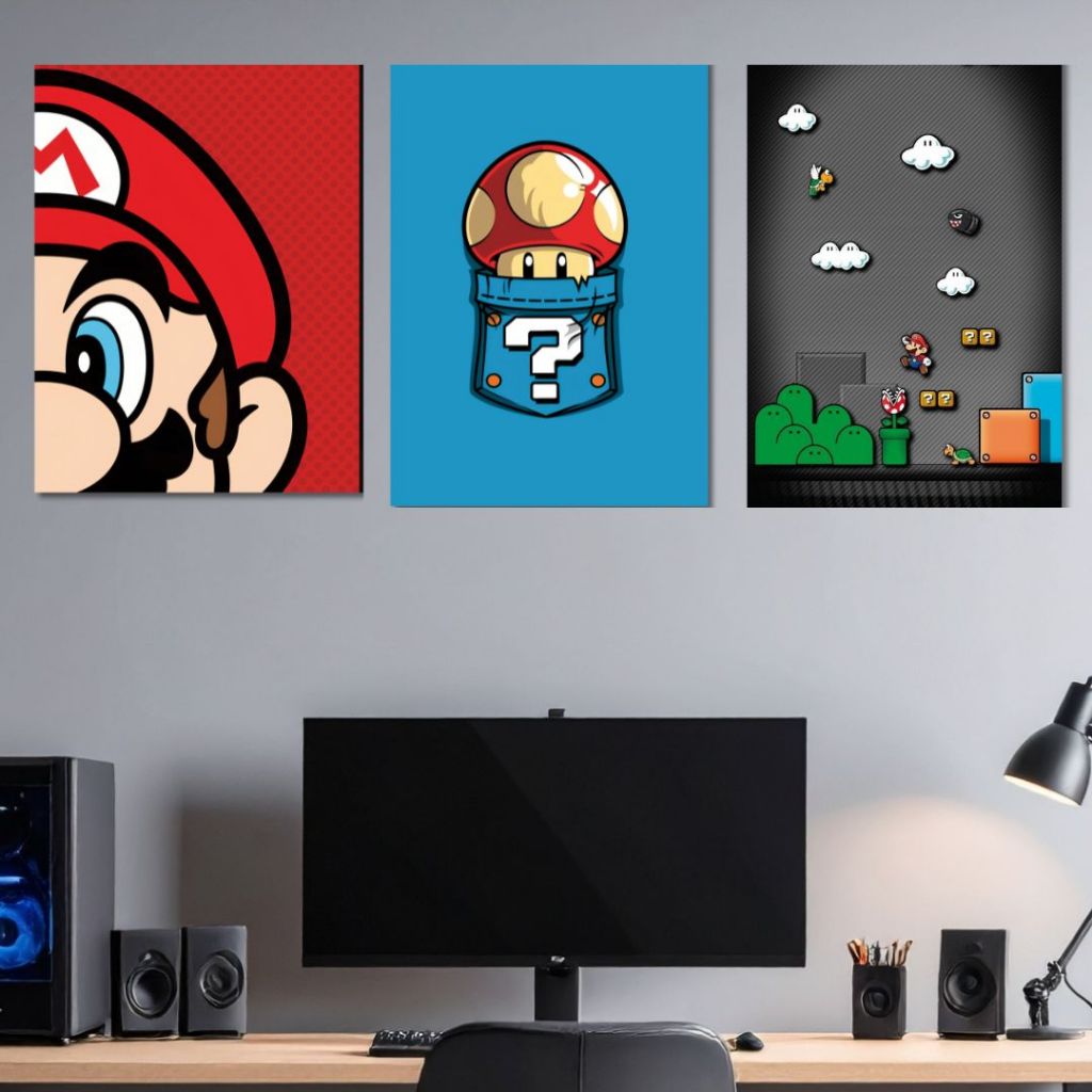 Kit 3 Placas Decorativas 1 ao 23 Super Mario Nintendo, Quadro Quarto Gamer, Decoração Casa nova