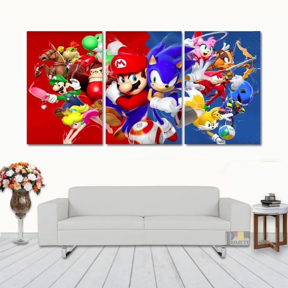 Quadro Decorativo 3 Peças Sonic Super Mario Personagens Desenhos Videogames SEGA Nintendo