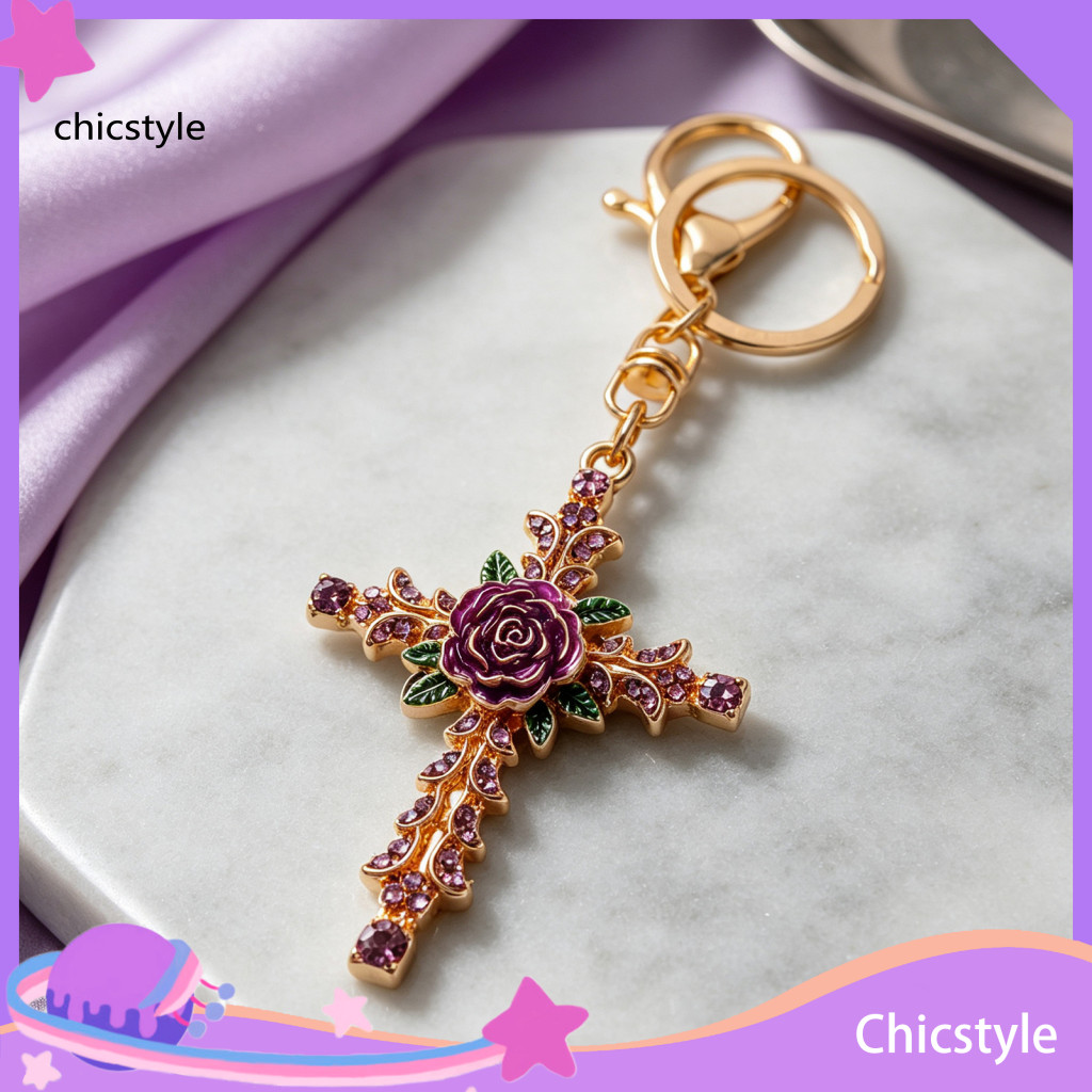 Women Handbag Charm Retro Rhinestone Rose Keychain Gold Plated Alloy Key Ring for Men Stylish Pendant for Handbags Backp