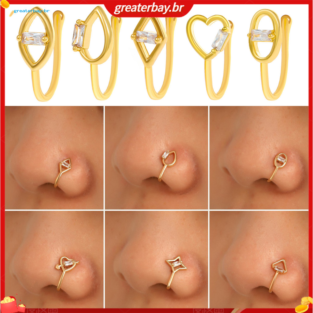 5 Pcs Women’s Gold Plated Nose Rings Set – Heart Geometric Rhinestone U-shaped Hoops Stylish Faux Piercing Jewelry f