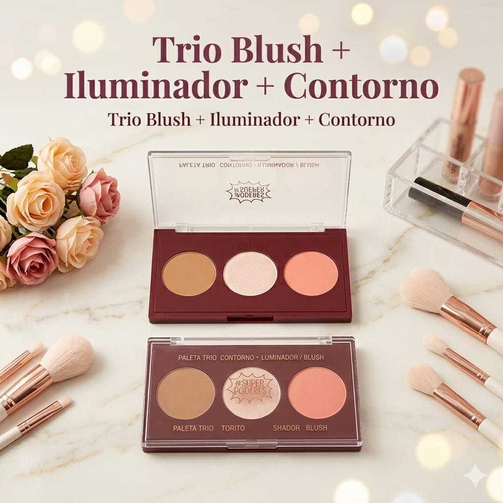 Paleta Trio Facial #Super Poderes Classic – Contorno + Iluminador + Blush – Acabamento Profissional
