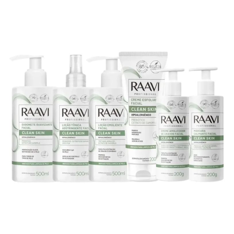 SUPER KIT Limpeza De Pele Profissional Raavi Clean Skin 6 Itens Tamanho Grande