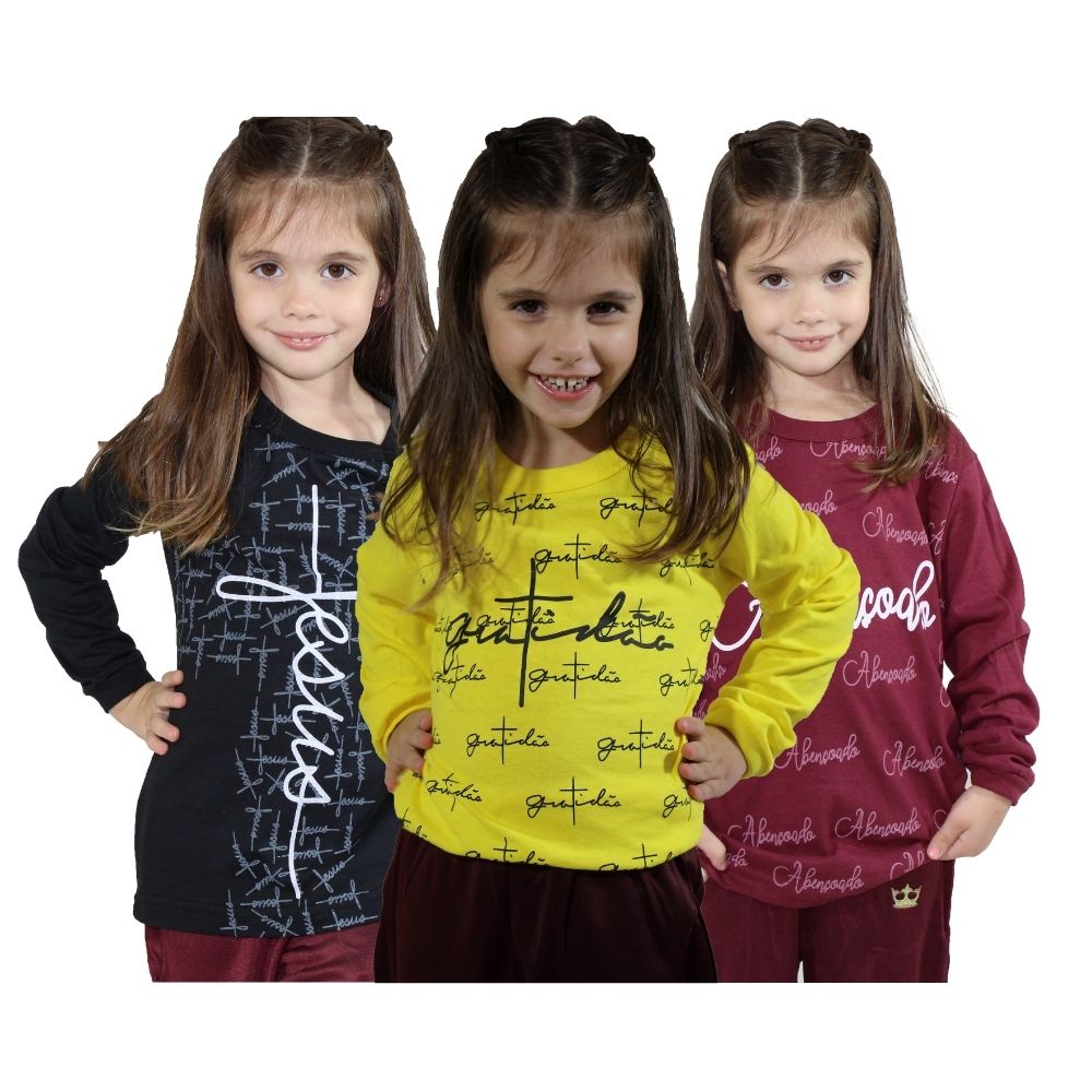 Kit 3 Camisetas Juvenil Infantis Meninas Manga Longa Inverno Catolica Gospel Revenda