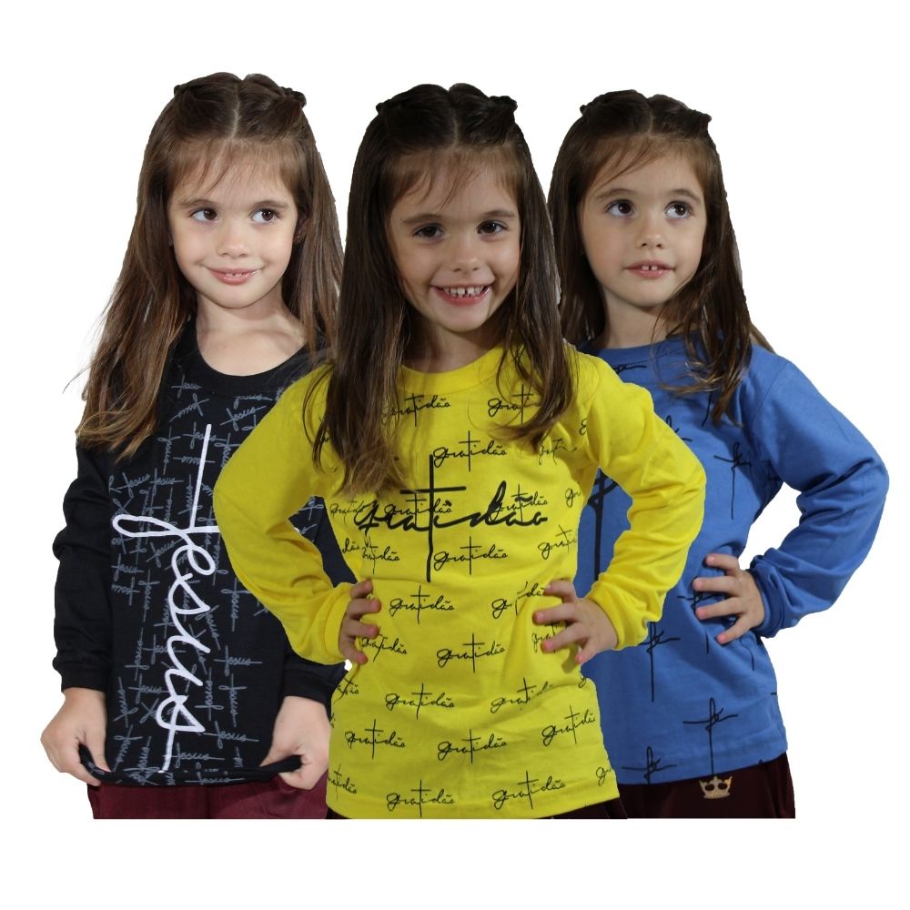 Kit 10 Camisetas Juvenil Infantis Meninas Manga Longa Inverno Catolica Gospel Revenda